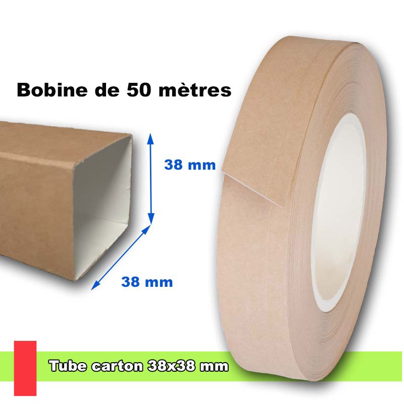 Tube carton carré en carton lisse 38x38 mm, livré en bobine de 50 mètres Tube carton carré en carton lisse 38x38 mm, livré en bobine de 50 mètres